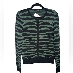 NWT ANN TAYLOR Green Black Zebra Print Button Front Cardigan Sweater Medium